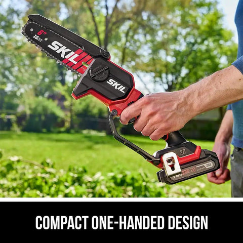 Person using Six Inch Mini Cordless Chainsaw Kit With Brushless 20V Power PWR CORE 20 2.0Ah Battery And Charger Lightweight Pruning Saw