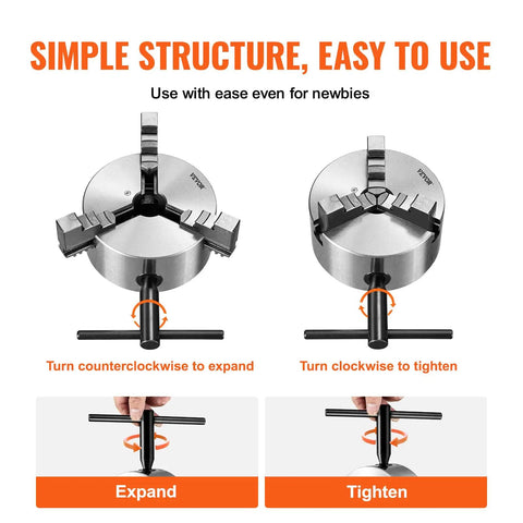 Tough As Nails 6 Inch 3 Jaw Lathe Chuck With Self Centering Quench Hardened HT300 Body And Reversible Steel Jaws Featuring T Key Wrench For CNC Mills And Garage Workbenches