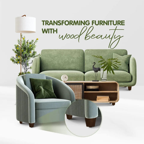 Living room scene with furniture featuring 3 Inch Square Wood Furniture Legs Set Of 4 With Levelers, brown walnut finish