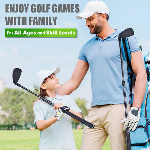 Father and son holding Retractable Metal Shaft Golf Chip Club With Durable ABS Head in a park