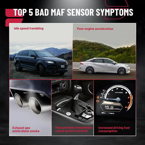 Collage showing top 5 bad MAF sensor symptoms including idle speed trembling, poor acceleration, and increased fuel consumption.