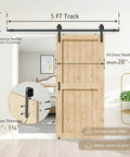 Workhorse Heavy Duty Barn Door Hardware Kit 5 Ft Sliding Door Track Set with floor guide, handles, lock, wood door shown installed.