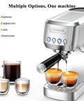 Top Shelf Compact Espresso Maker With 20 Bar Pressurized Pump And One Touch Milk Frother System For Legit Cafe Style Beverages And Hella Easy Installation brewing espresso shots with automatic milk frother.