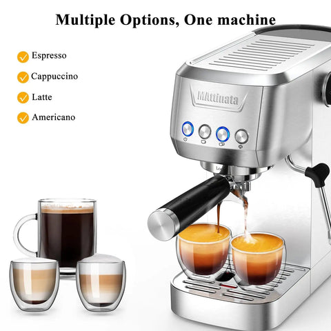 Top Shelf Compact Espresso Maker With 20 Bar Pressurized Pump And One Touch Milk Frother System For Legit Cafe Style Beverages And Hella Easy Installation brewing espresso shots with automatic milk frother.