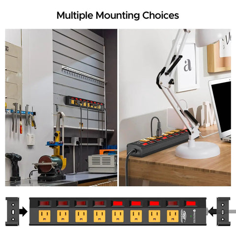 Heavy Duty 8 Outlet Metal Power Strip With Individual Switches 15A 1875W 6ft Cord mounted on wall and desk