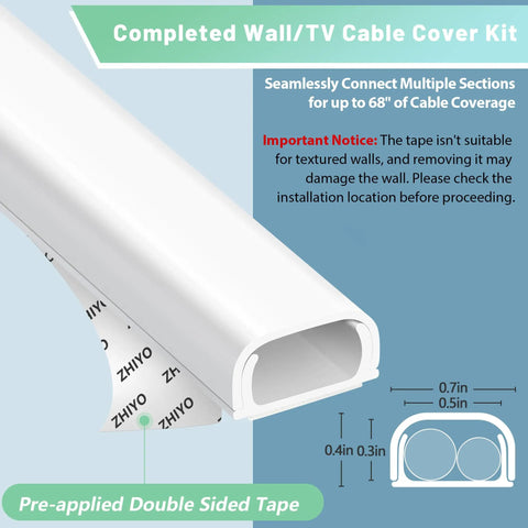 2 Cords Wire Cover Kit for Wall Mounts White PVC Cord Concealer detail with dimensions and tape