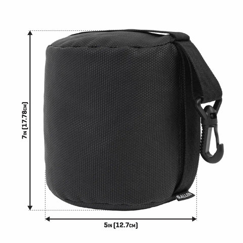 Eliminator Cylinder Front Bag Filled for Shooting Stability with web handle, slip-resistant grip, and clip attachment, 7x5 inches.