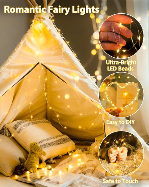 4 Pack 60 LED Battery Operated Fairy Lights With Timer, 20 Ft Waterproof Indoor Outdoor String Lights in cozy tent setup