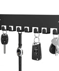 Wall Mounted Key Rack With 8 Hooks For Car Keys No Drill Adhesive Backing Or Screw Mount Heavy Duty Metal Key Organizer Black Finish Rust Resistant Easy Access Key Holder with keys and watch hanging.