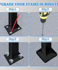 Installation steps for Super Tight Grip Outdoor Handrails For Steps And Indoor Stair Railing Kit Black Iron Guard showing mounting process.