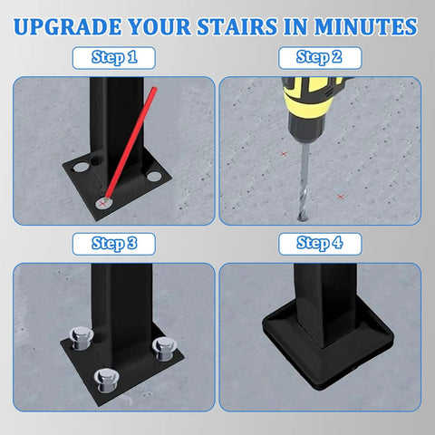 Installation steps for Super Tight Grip Outdoor Handrails For Steps And Indoor Stair Railing Kit Black Iron Guard showing mounting process.