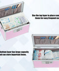 Open Go To Medicine Lock Box For First Aid And Family Use With Safe Key Lock Durable Aluminum Layered Medicine Cabinet Pink Finish Secure 12.2 By 7.9 By 7.5 Inch Meds Storage, displaying organized medical supplies in compartments.