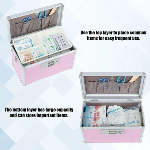 Open Go To Medicine Lock Box For First Aid And Family Use With Safe Key Lock Durable Aluminum Layered Medicine Cabinet Pink Finish Secure 12.2 By 7.9 By 7.5 Inch Meds Storage, displaying organized medical supplies in compartments.