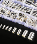 Insulated Copper Wire Ferrule Kit With Silver Plated Crimp Terminals And Sleeves, 166 Pieces in assorted AWG sizes.