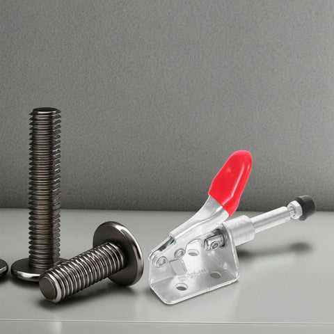 4 Piece Heavy Duty Toggle Clamps Set Iron Push Pull Fixed Workholding Devices For Woodworking And Welding Fixtures And Tool Bench Use With Quick Release For Easy Horizontal And Vertical Positioning in a side view showing red handle and metallic base.