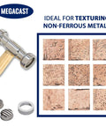 Heavy Duty Texturing Hammer With 9 Interchangeable Heads Dual Sided Steel Head And Polished Wood Handle For Woodworking And Metalworking Durable Craft Tool For Fine Texture And Smooth Finishes alongside metal texture samples and interchangeable hammer heads.