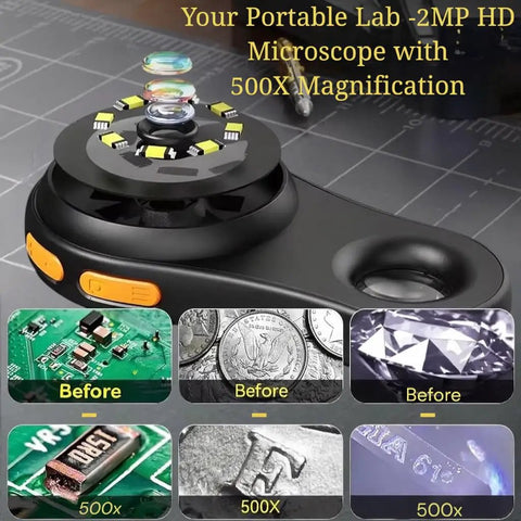 Handheld Digital Microscope 500x With 2.0 Inch IPS Screen For Real Time Viewing, USB Connection, lens over circuit board and coin