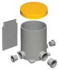 Slick 4.5 Inch Round Concrete Floor Box With Integrated Low Voltage Divider And Mud Cover Plus Yellow Plastic Electrical Housing shown disassembled.