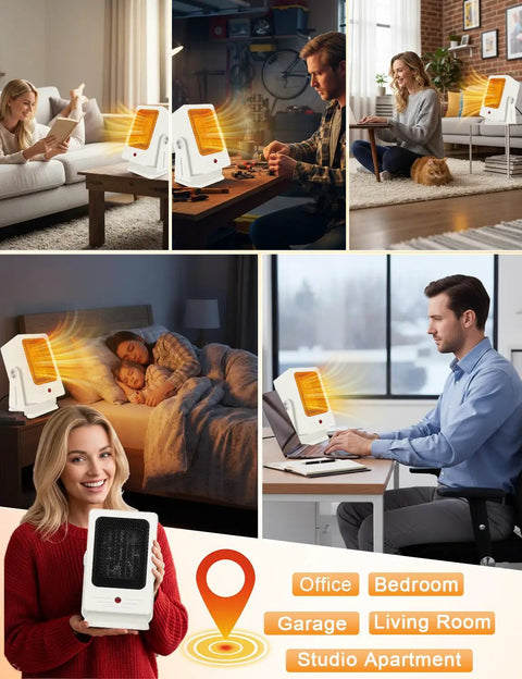 Portable Indoor Space Heater That Heats Up Fast With 2 Second Rapid Heat From PTC Ceramic Tech shown in various home settings