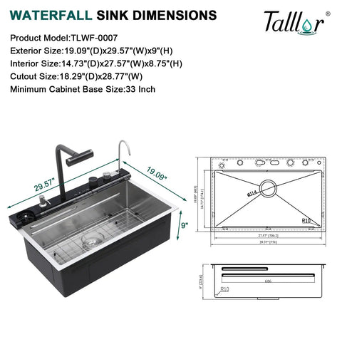 Slick Smart Waterfall 30 Inch Drop In Kitchen Sink With Single Bowl, 16 Gauge 304 Stainless Steel Workstation diagram and dimensions