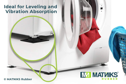 Front view of washing machine with square black MATNIKS rubber leveling pads under its feet
