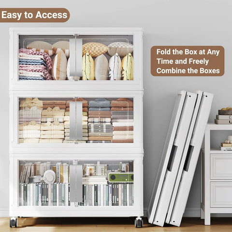 Heavy Duty 40 Gallon Storage Bins With Lids 10 Pack Foldable Stackable Totes displayed with clear front panels holding blankets and books.