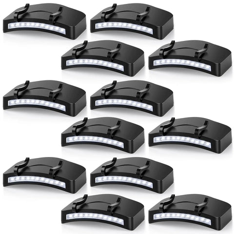 12 Pack Hat Clip Light with 11 LED Cap Lights Clip On Hat Up To 400 Lumens IPX5 Waterproof Hands Free Flashlight for Running Hiking Cycling Camping Batteries Not Included. Black color, rectangular shape.