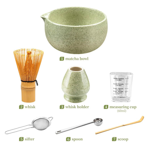 Matcha Whisk Set With Ceramic Bowl And All The Goods, Includes Bamboo Chasen, Holder Stand, Powder Sifter, Scoop, Measuring Spoon And Cup
