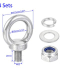 Four Piece Stainless Steel Lifting Eye Bolts M12x20mm In Silver Tone Built Beefy For Heavy Duty Hoisting And Rigging In Industrial Cranes Ports And Rail Yards 304 Grade Durable Design, M12 threaded lifting eye bolt set