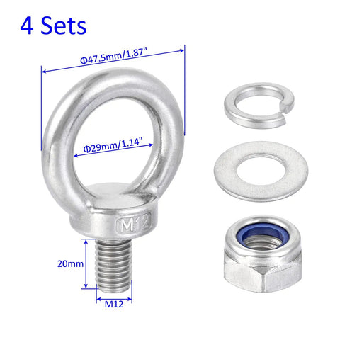 Four Piece Stainless Steel Lifting Eye Bolts M12x20mm In Silver Tone Built Beefy For Heavy Duty Hoisting And Rigging In Industrial Cranes Ports And Rail Yards 304 Grade Durable Design, M12 threaded lifting eye bolt set