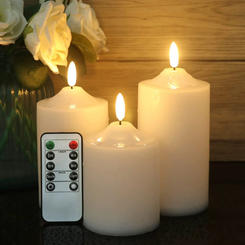 Flickering Flameless LED Candles With Remote Control And Timer, Waterproof Battery-Powered Pillar Candles, Set Of 3
