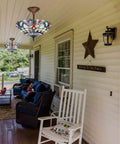 Outdoor porch scene with Tiffany Style Stained Glass Ceiling Light Fixture 16 Inch Shade Light Blue Victorian Ceiling Lamp For Your Cozy Home Space Kitchen Bathroom Hallway Entryway Porch Handcrafted Glass 14 Inch Height 7 Lbs.