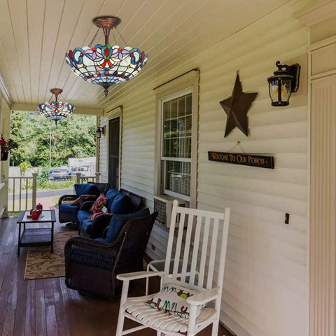 Outdoor porch scene with Tiffany Style Stained Glass Ceiling Light Fixture 16 Inch Shade Light Blue Victorian Ceiling Lamp For Your Cozy Home Space Kitchen Bathroom Hallway Entryway Porch Handcrafted Glass 14 Inch Height 7 Lbs.