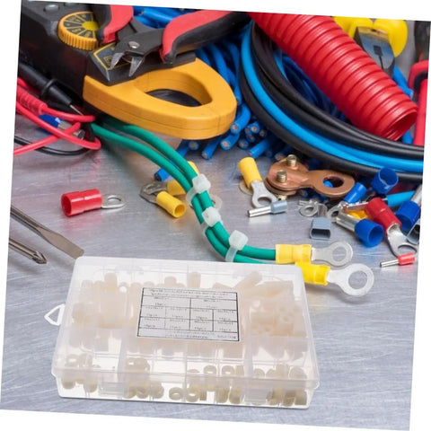Nylon Round Spacer Nut Kit 150 Pcs Insulated Washers With Labeled Storage Case on workshop table with tools and wires.