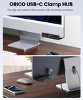 Clamp On USB Hub With External Power Sleek Aluminum 4 Port USB 3.0 Adapter on monitor edge, showing front and rear views.