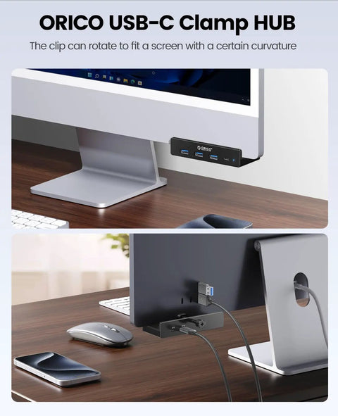 Clamp On USB Hub With External Power Sleek Aluminum 4 Port USB 3.0 Adapter on monitor edge, showing front and rear views.
