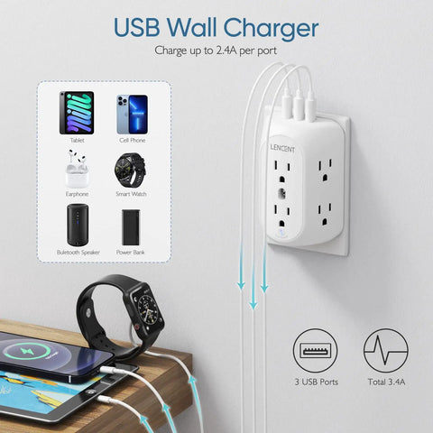9 In 1 Wall Outlet Splitter With 6 Wide Spaced Outlets And 3 USB Ports Converts A Two Prong Outlet To A Grounded Three Prong