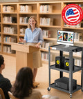 Three Shelf Metal Utility Cart On Wheels With Built In Power Strip Mobile AV Cart For Projector TV Laptop Printers And Office Tech