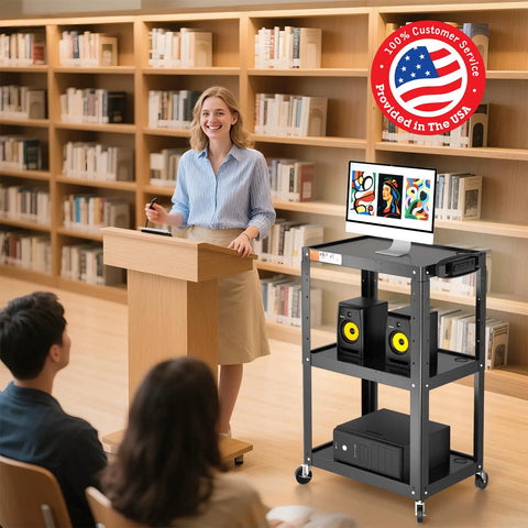 Three Shelf Metal Utility Cart On Wheels With Built In Power Strip Mobile AV Cart For Projector TV Laptop Printers And Office Tech