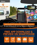 Smartphone displaying footage from 360 Degree Dash Cam Front And Rear Inside Car Camera With 4 Channel FHD 1080P and 2K Plus 1080P Rear WiFi GPS Voice Control Night Vision 24 Hour Parking Mode And 64GB SD Card Included