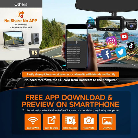 Smartphone displaying footage from 360 Degree Dash Cam Front And Rear Inside Car Camera With 4 Channel FHD 1080P and 2K Plus 1080P Rear WiFi GPS Voice Control Night Vision 24 Hour Parking Mode And 64GB SD Card Included
