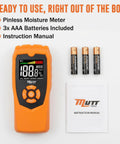 Pinless Moisture Meter For Drywall And Wood Two Inch Scan Detect Hidden Water Damage Behind Walls With Quick Readings Pro Grade Lumber Moisture Tester For DIYers And Pros, with batteries and manual