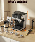Straight Up Home Cafe Essential With Fully Integrated Bean Grinder And Heavy Duty 20 Bar Italian Pump For Perfect Latte Cappuccino And Quick Cold Brew Refills Daily with included accessories on countertop.