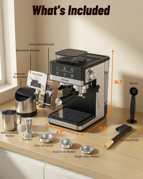 Straight Up Home Cafe Essential With Fully Integrated Bean Grinder And Heavy Duty 20 Bar Italian Pump For Perfect Latte Cappuccino And Quick Cold Brew Refills Daily with included accessories on countertop.