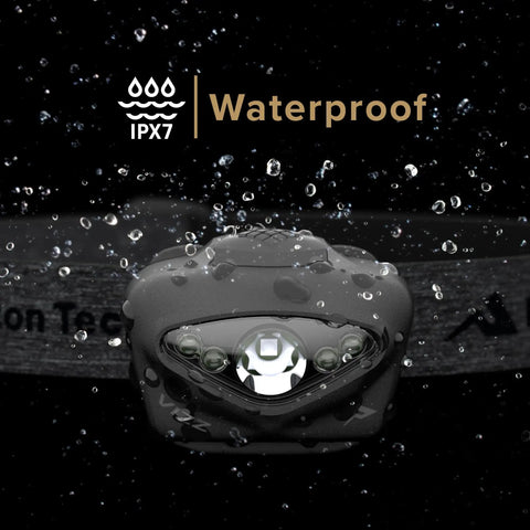 Vizz Headlamp 550 Lumen Dimmable LED With IPX7 Waterproof Seal under running water droplets, black strap visible