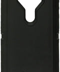 Heavy Duty Case For LG V10 Delivering Totally Bombproof Impact Defense With Built In Screen Guard Belt Clip Holster Kickstand And Fully Sealed Dust Ports In Black, back view.