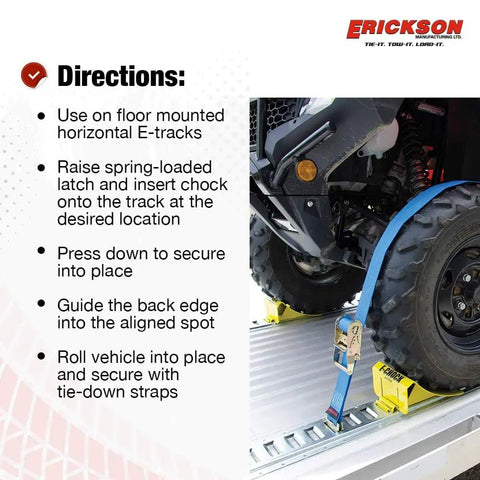 Movable Wheel Chock For E Track System, Heavy Duty Steel, Rust Resistant Powder Coat Finish, Quick Lock with ATV