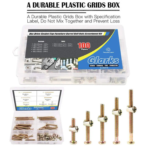 Zinc Plated M6 Hex Socket Head Cap Screws Kit with Assorted Sizes and Barrel Nuts, Heavy Duty Furniture Bolts in Plastic Box, 100 Pieces