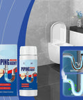 Three Piece Drain Cleaner Kit That Clears Kitchen Sinks, Bathrooms And Toilets Fast, Safe For All Pipe Types, Five Minute Blockage Solution For Hair, Grease, Soap Scum And Food Debris No Clog Drama showing bathroom setting with product bottles and before-after pipe diagram.