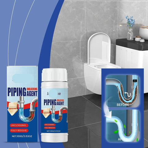Three Piece Drain Cleaner Kit That Clears Kitchen Sinks, Bathrooms And Toilets Fast, Safe For All Pipe Types, Five Minute Blockage Solution For Hair, Grease, Soap Scum And Food Debris No Clog Drama showing bathroom setting with product bottles and before-after pipe diagram.